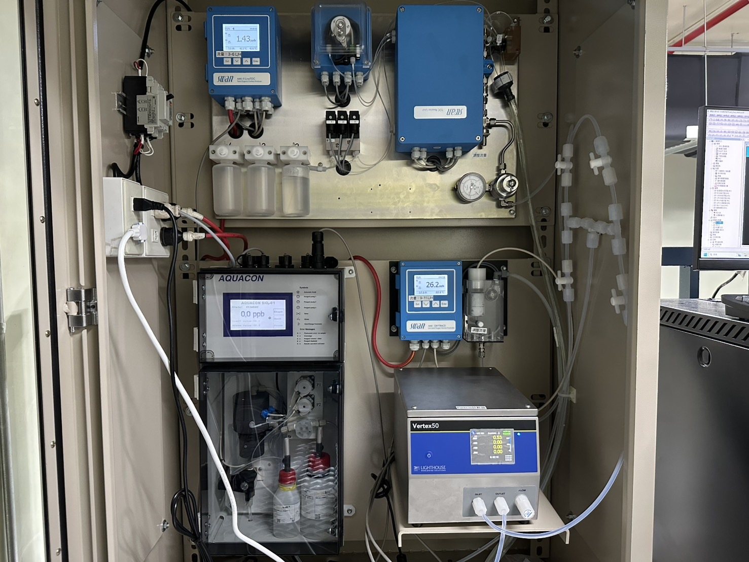 Online ultrapure water analysers measuring TOC, SiO₂, particles and resistivity